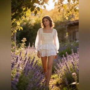 Sorrento White Crochet Peasant Blouse Smocked Back Cotton Size L